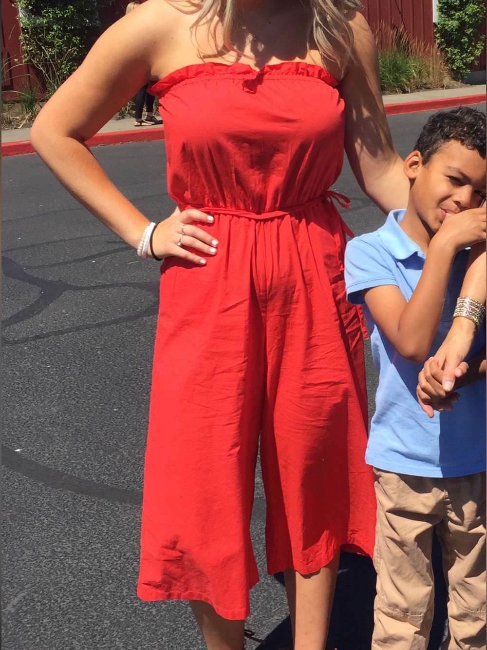 Eyeshadow Strapless Red Orange Jumpsuit Pantsuit